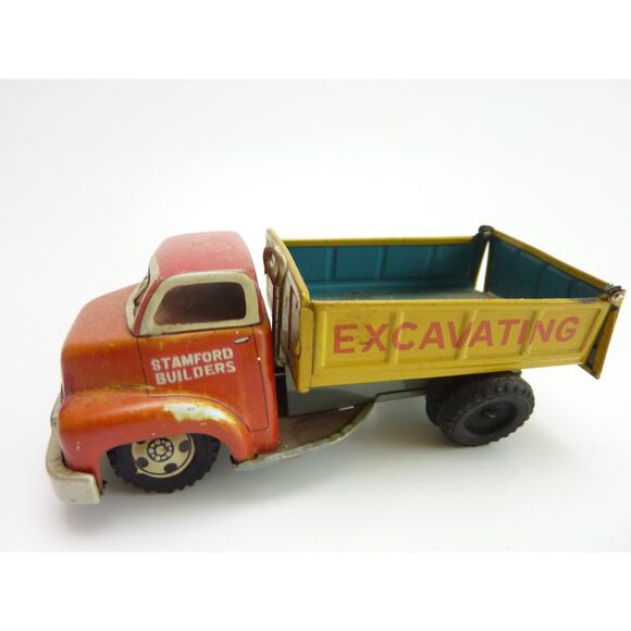 Vintage LINE MAR Stamford Builders Litho Hauling Dumping Truck Metal Tin Toy - Picture 4 of 7
